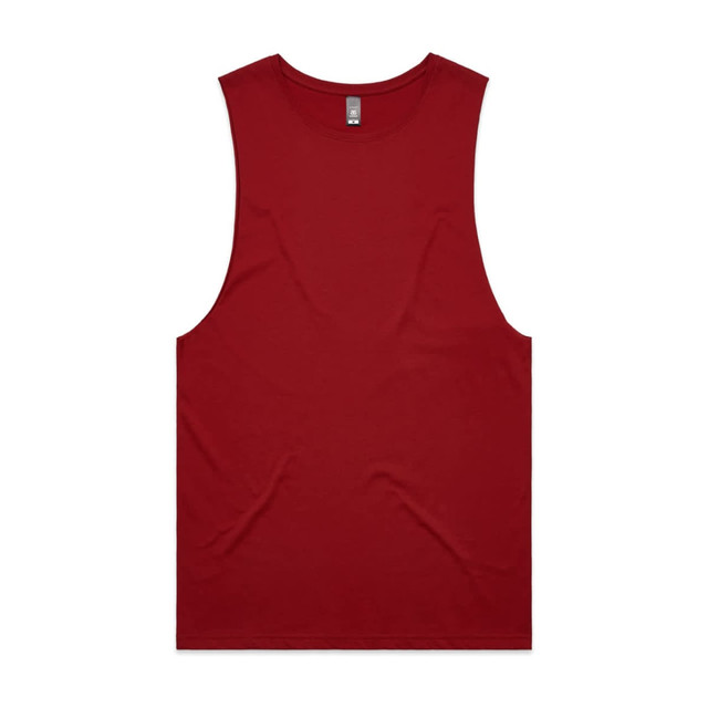 A red singlet tank top with a round neckline and no sleeves, featuring a logo on the label.