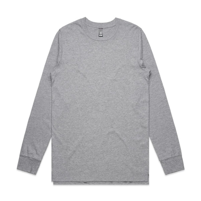 A long-sleeve grey T-shirt featuring a crew neckline and branding label.