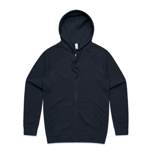 A dark navy zip-up hoodie featuring a hood and front pockets, with a logo present.