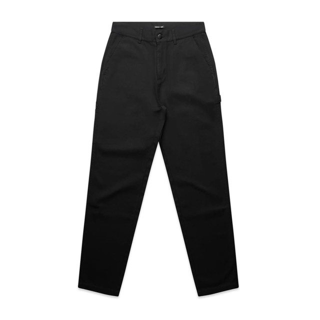 Black cargo pants featuring multiple pockets and a button closure, with a logo on the waistband. Black cargo pants featuring multiple pockets and a button closure, with a logo on the waistband.