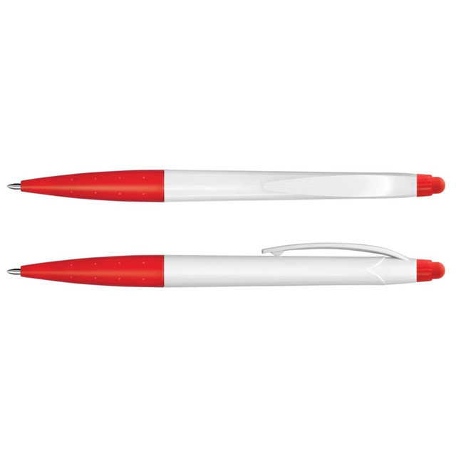 A stylus pen with a white barrel and red accents, featuring a clip and a smooth writing tip.