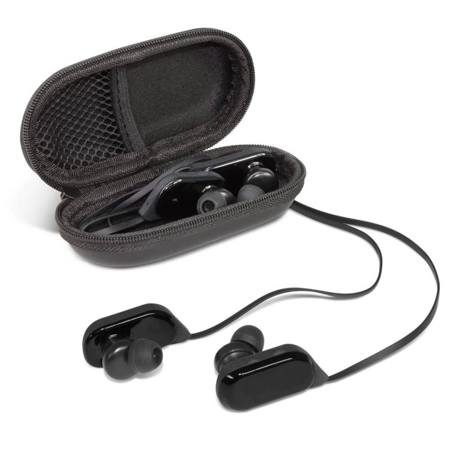 A pair of black Bluetooth earbuds inside a zipped case, featuring a mesh pocket for small accessories.