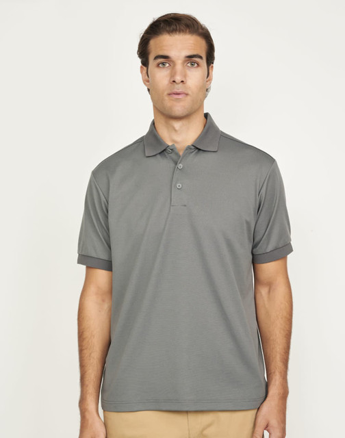 A grey men's polo shirt made from sustainable poly/cotton, featuring a collar and a logo.