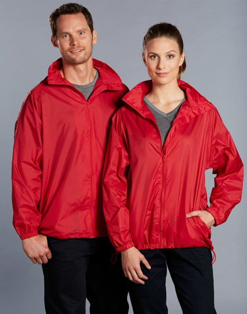 A red outdoor activity spray jacket featuring a zip-up front and adjustable cuffs, displayed on male and female models.