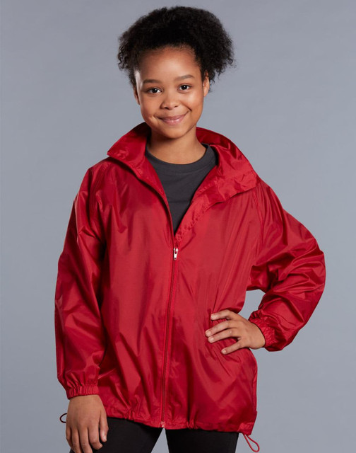 A red kids' outdoor activity spray jacket with a zipped front and elasticised cuffs, featuring a logo.