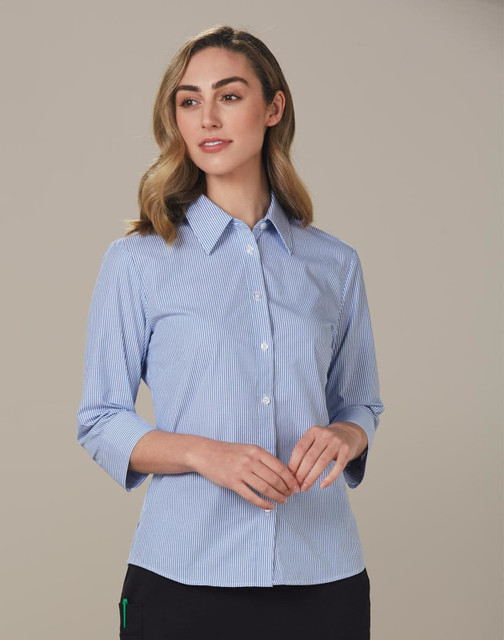 A women's button-up shirt featuring blue and white stripes and 3/4 sleeves, with a collar and a logo.