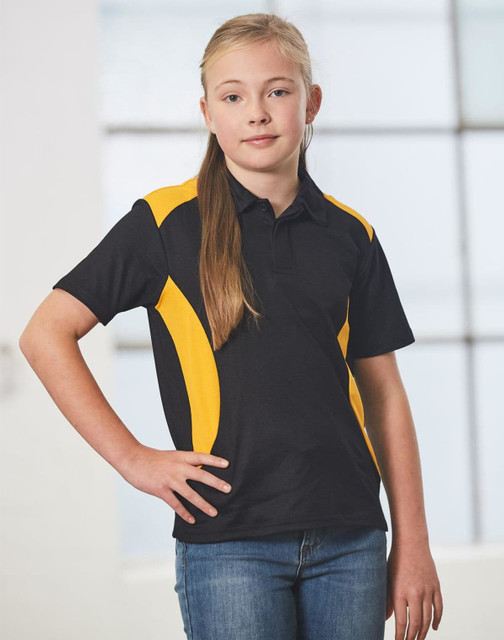 A black and yellow polo shirt featuring a branding logo, worn by a girl with long hair and standing confidently.