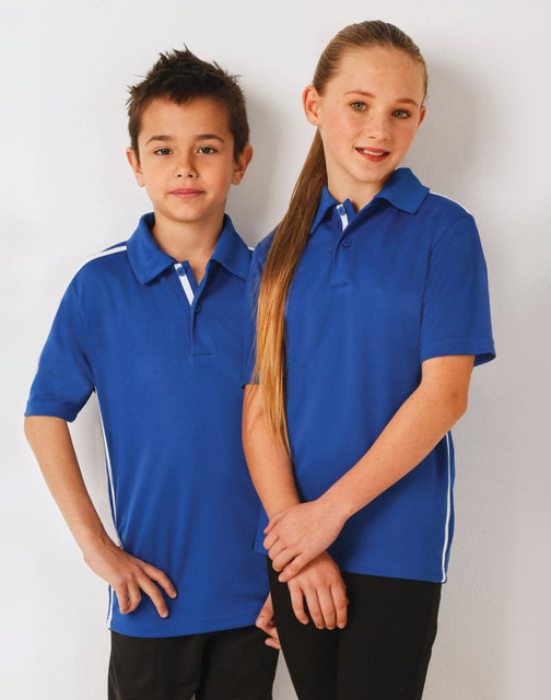 A blue kids' polo shirt featuring white contrast stripes, with a logo on the front. Two children model the shirt.