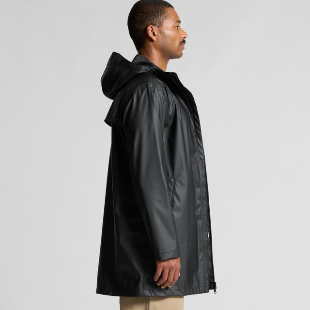 A black rain jacket with a hood, featuring a side view and an included logo. A black rain jacket with a hood, featuring a side view and an included logo.