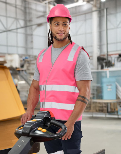 Hi vis safety vests in fluorescent yellow and orange, featuring reflective shoulder tapes, worn by a male and female model.