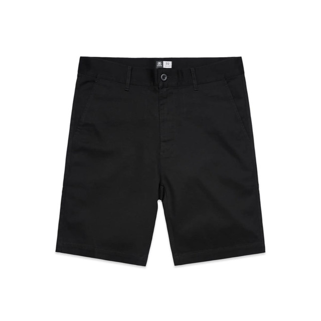 Plain 19" dress shorts in black, featuring a front button closure and pockets, with a logo on the waistband.