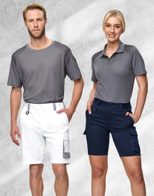 Unisex utility stretch cargo work shorts in navy, featured with a logo, styled alongside a grey t-shirt and polo.