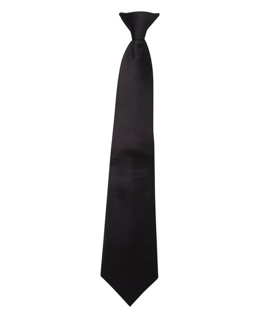 A black clip-on tie with a smooth finish, suitable for formal or casual occasions. A black clip-on tie with a smooth finish, suitable for formal or casual occasions.