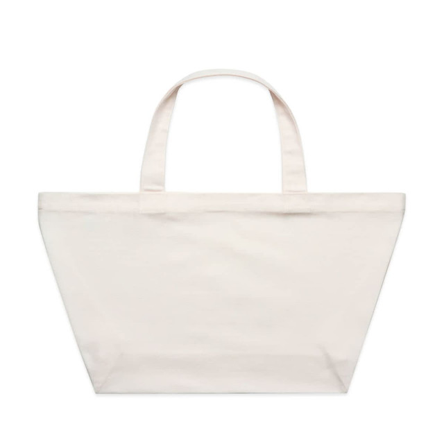 A large, cream-coloured tote bag with two handles and a logo on the front. A large, cream-coloured tote bag with two handles and a logo on the front.