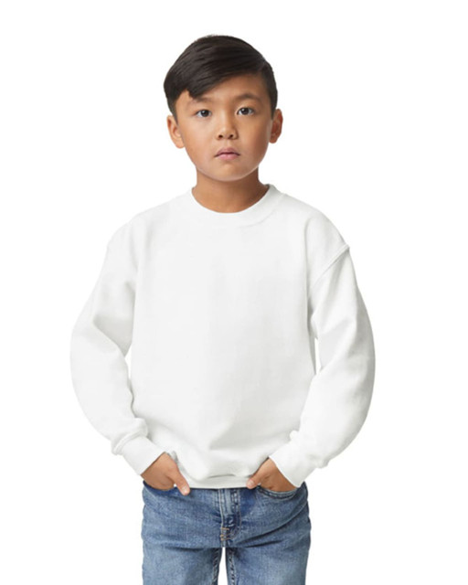 A youth sweatshirt in white, featuring a crew neck and long sleeves, held by a child with hands in pockets. A youth sweatshirt in white, featuring a crew neck and long sleeves, held by a child with hands in pockets.