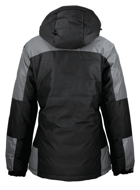 A women's jacket featuring a hood, primarily black with grey accents, showcasing a modern design.