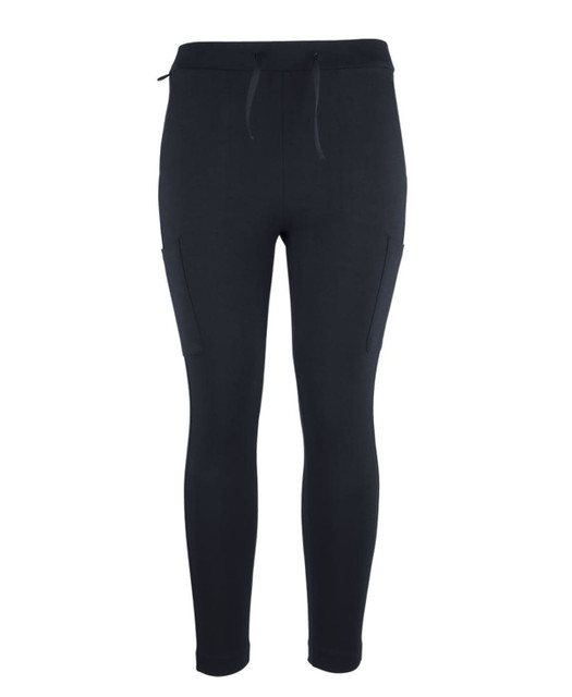 A pair of black stretch ponte cargo pants featuring side pockets and a drawstring waist. A pair of black stretch ponte cargo pants featuring side pockets and a drawstring waist.