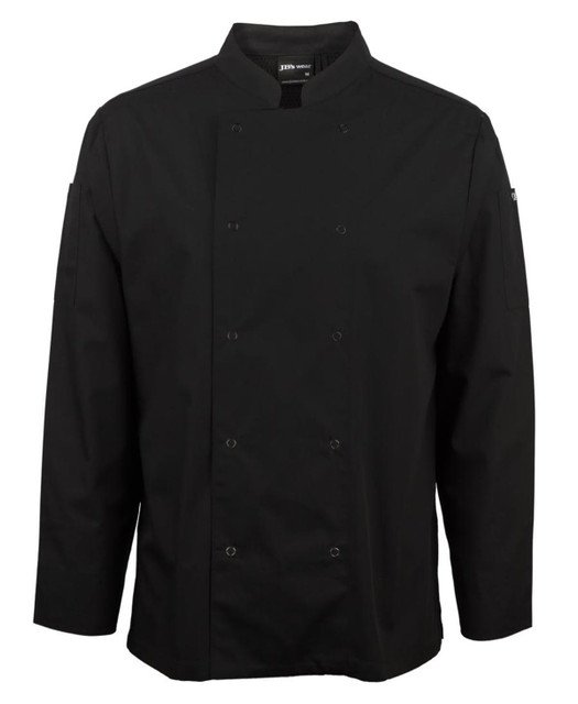 A black long-sleeve chef's jacket with snap buttons and a logo on the sleeve. A black long-sleeve chef's jacket with snap buttons and a logo on the sleeve.