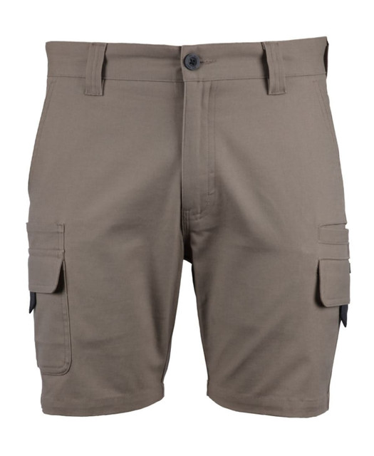 Khaki multi-pocket shorts featuring a button closure and cargo-style pockets, with a branded logo. Khaki multi-pocket shorts featuring a button closure and cargo-style pockets, with a branded logo.