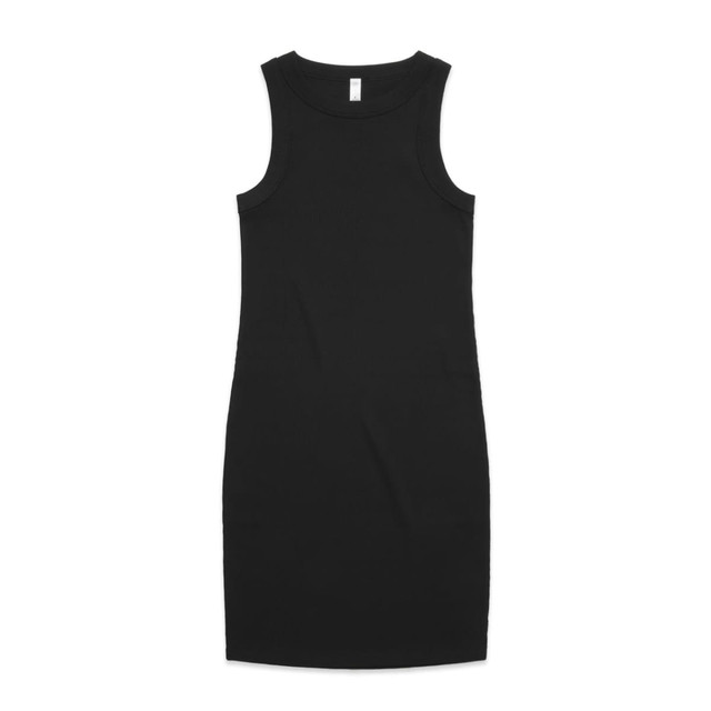 A black organic rib dress with a sleeveless design and a form-fitting silhouette, featuring a label inside. A black organic rib dress with a sleeveless design and a form-fitting silhouette, featuring a label inside.