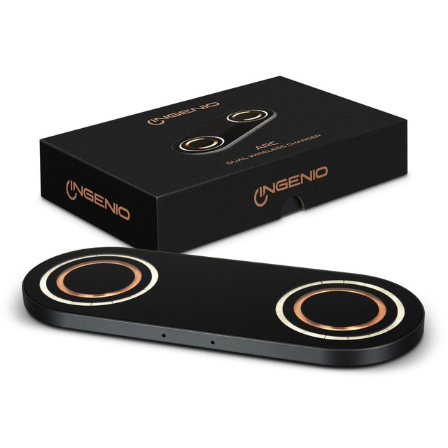 A black dual wireless charger with a sleek design and two charging pads, alongside a matching box with branding. A black dual wireless charger with a sleek design and two charging pads, alongside a matching box with branding.