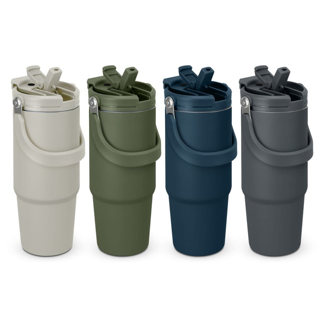 A drink bottle featuring a lid with a handle, available in four colours: beige, olive green, navy blue, and dark grey.