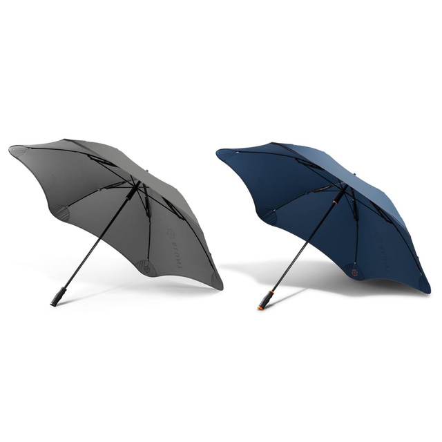 A sport umbrella in grey and navy blue, featuring a sleek design and a branding logo on the canopy.