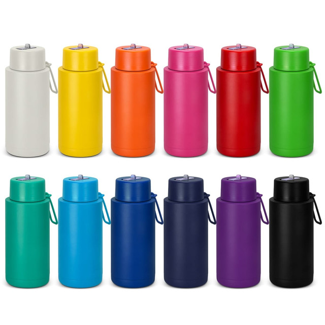 A drink bottle range featuring 12 colourful 1L vacuum bottles, including white, yellow, orange, pink, red, green, blue, navy, and purple.