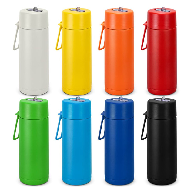 A drink bottle collection featuring ten vacuum bottles in various colours: grey, yellow, orange, red, blue, green, and black, each with a logo.