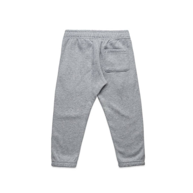 A pair of grey kids' track pants with an elastic waistband and a back pocket. Features a logo.