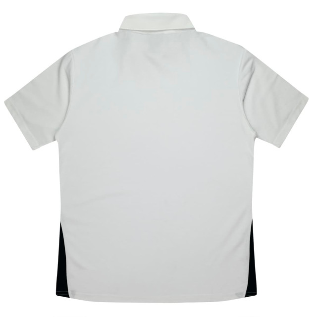 A men's polo shirt in grey with black side panels. Features a collar and short sleeves. Includes a logo on the chest.