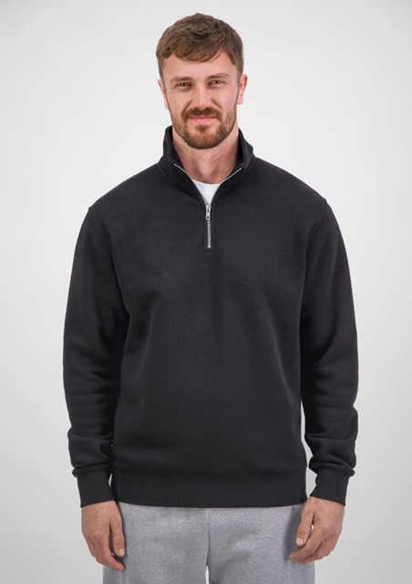 A black men's 1/4 zip sweatshirt, featuring a zippered collar and ribbed cuffs, worn by a male model.