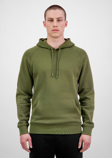 A men's olive green hoodie with a hood, front pocket, and ribbed cuffs. It has a logo on the front.