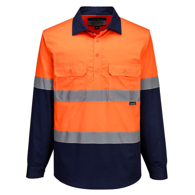 A long-sleeve safety shirt featuring bright orange and navy blue colours with reflective stripes and two front pockets.