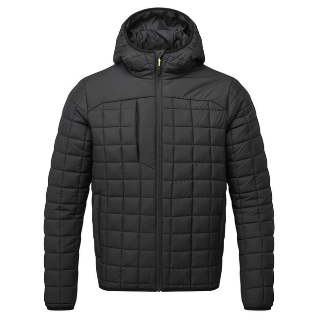 A black square baffle jacket featuring a hood and zip closure, with a quilted design and multiple pockets.