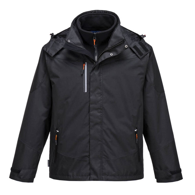 A black Radial 3-in-1 jacket featuring multiple pockets and a hood. It includes a branding logo.