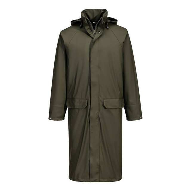 A long coat in olive green with a hood, featuring two front pockets and a buttoned closure. It has a logo on the chest.