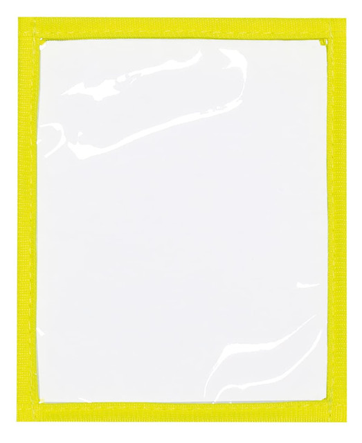 A transparent plastic pocket with a bright yellow border, suitable for holding documents.
