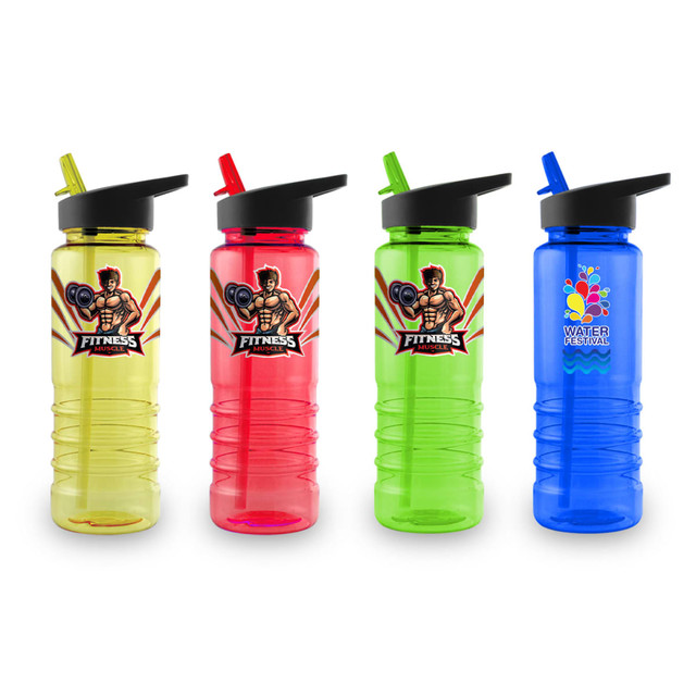 A drink bottle collection featuring yellow, red, green, and blue bottles with black lids and branding.