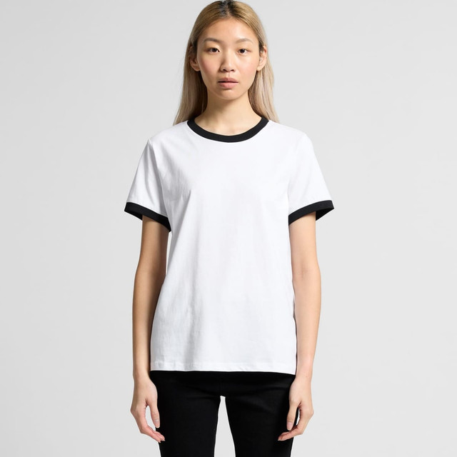 A white T-shirt with black ribbed sleeves and a crew neckline, featuring a logo on the front.