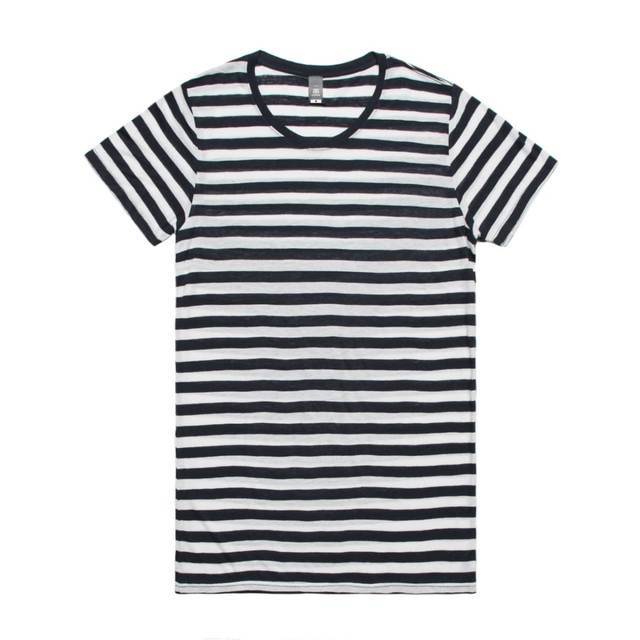 A black and white striped T-shirt with a classic crew neckline and short sleeves. It features a logo on the label.