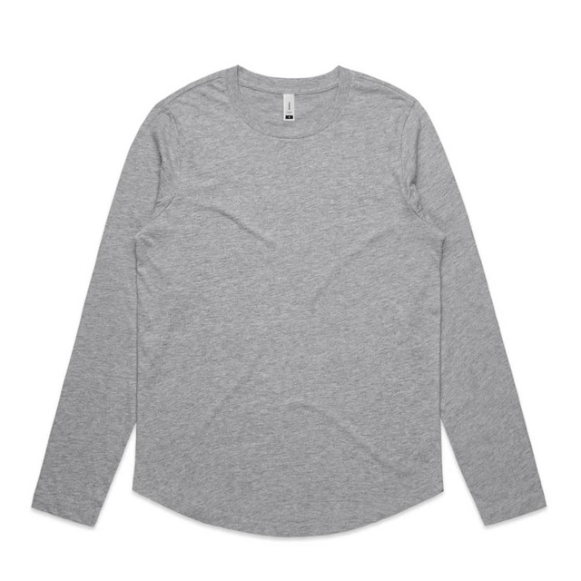A long-sleeve grey t-shirt with a curved hem and a small logo branding on the label.