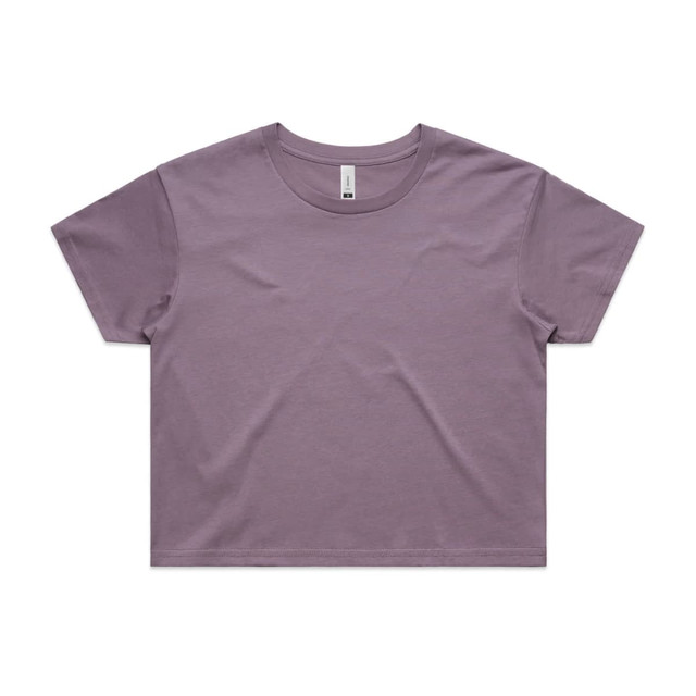 A cropped tee in a soft lavender colour, featuring a simple design and a logo.