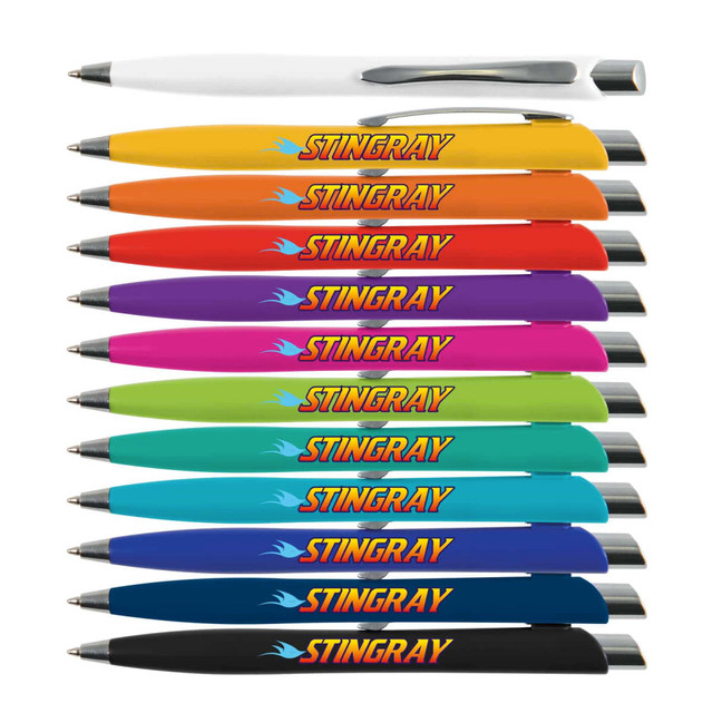A collection of Stingray Pens in various colors, including white, orange, purple, and teal, featuring a logo.