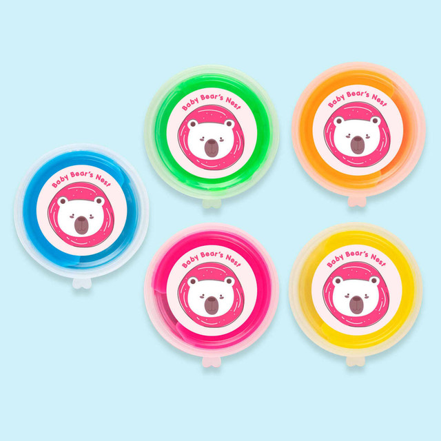Five containers of colorful putty in blue, green, orange, pink, and yellow, each with a logo on the lid. Five containers of colorful putty in blue, green, orange, pink, and yellow, each with a logo on the lid.