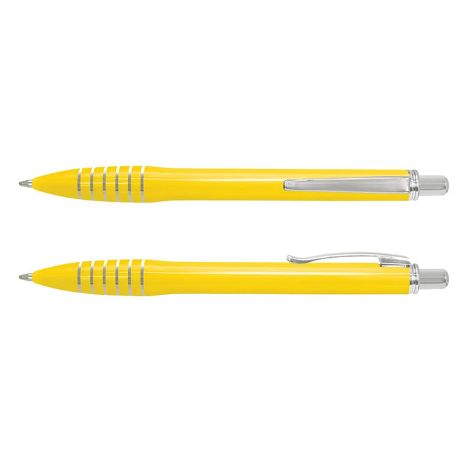 A yellow plastic pen featuring a silver clip and accents, presented from two angles.