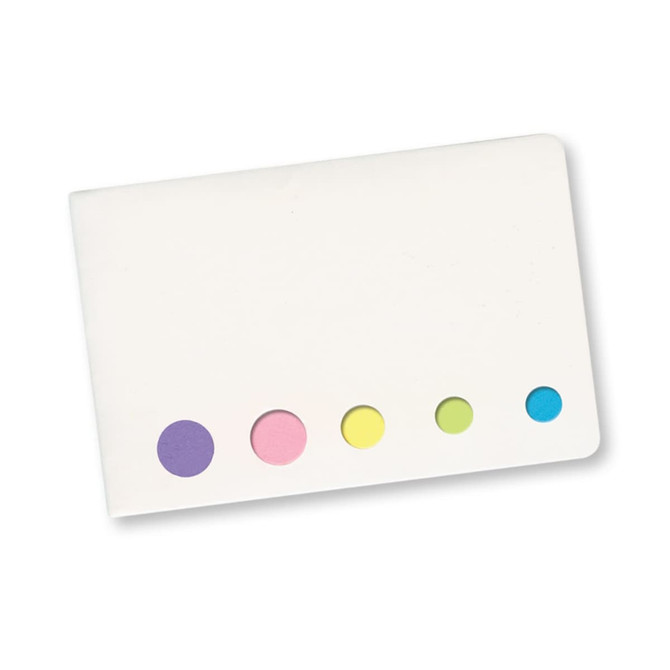 A set of sticky note flags in various pastel colors, presented in a compact holder.