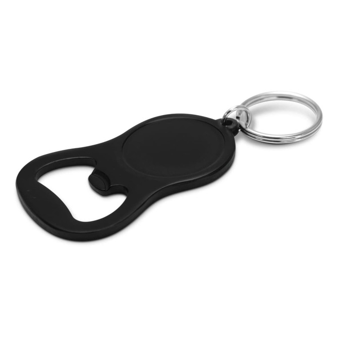 A drink bottle opener key ring in black with a circular key ring attachment and a sleek design.