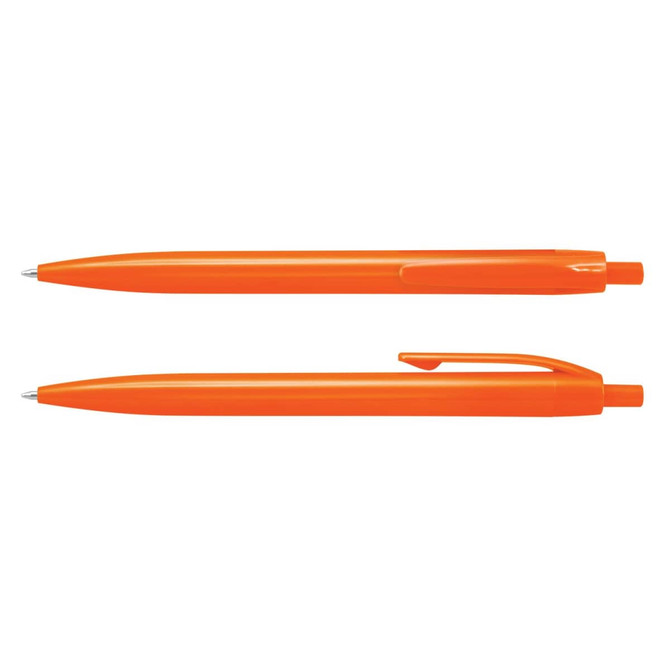 Two orange plastic pens are displayed, featuring a simple design and a clip on one side. The image includes a logo.