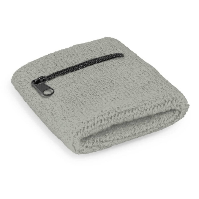 A grey wrist sweat band with a zippered pocket, featuring a textured surface and a simple design.